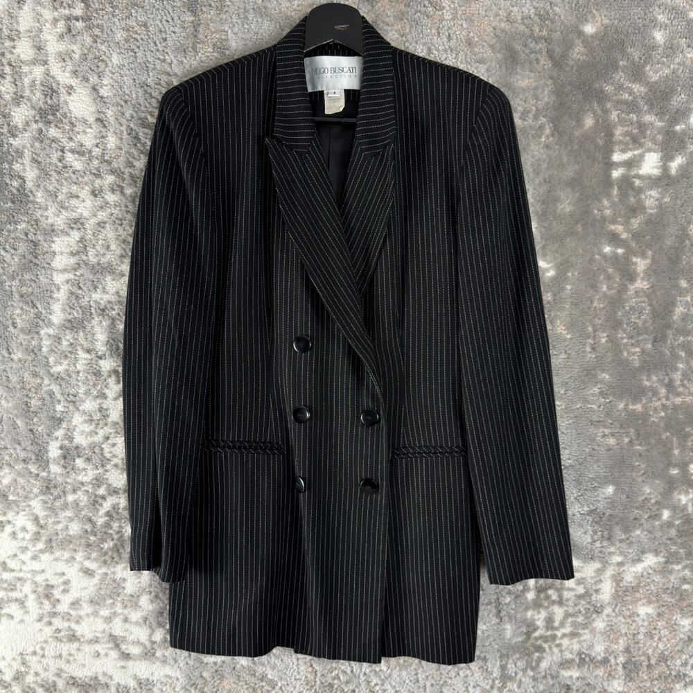 Hugo Buscata Size 4 Striped Carrer Notched Blazer Jacket Black Long Sleeve